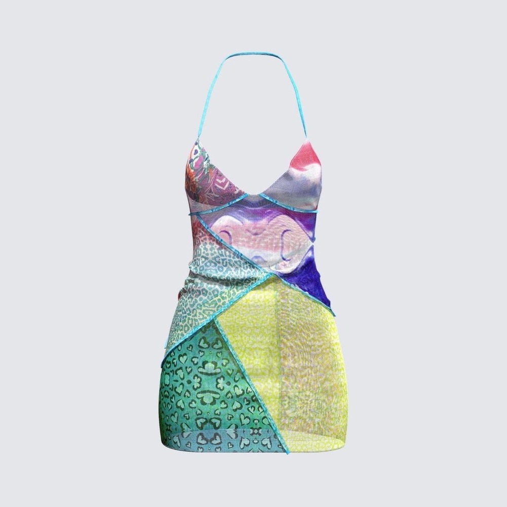 Multi Color Patchwork Mesh Halter Mini Dress Finesse S Boho Festival Y2K Rave